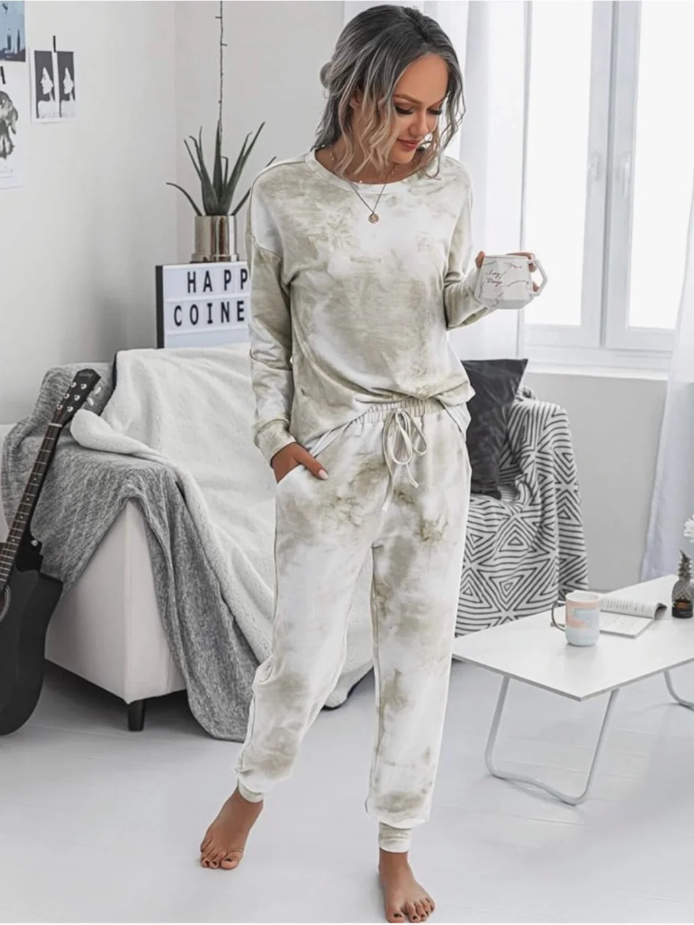 Women's Two Piece Loungewear Casual Tie-Dye Set - Cream Matching Outfit - Picture 2 of 6